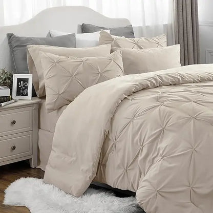 ☁️ 7-Piece King Size Pintuck Comforter Set, All-Season, Ultra-Soft, Machine Washable, Hotel Quality