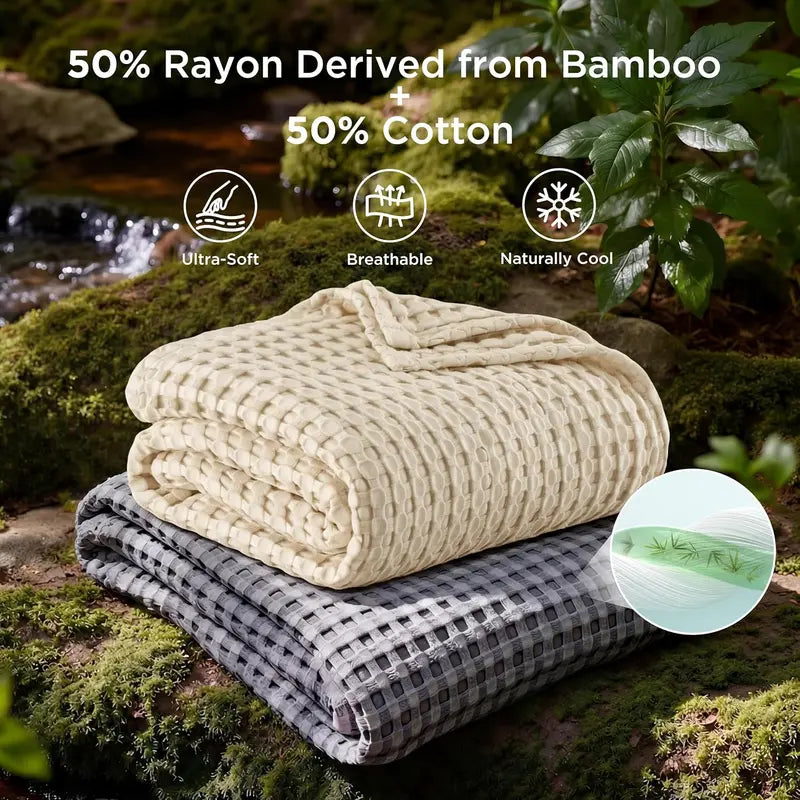 ❄️Cooling Bamboo Waffle Blanket - Soft Breathable Throw for Hot Sleepers