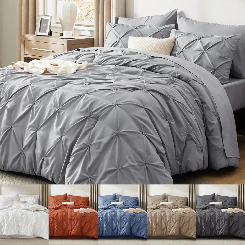 ☁️ 7-Piece King Size Pintuck Comforter Set, All-Season, Ultra-Soft, Machine Washable, Hotel Quality